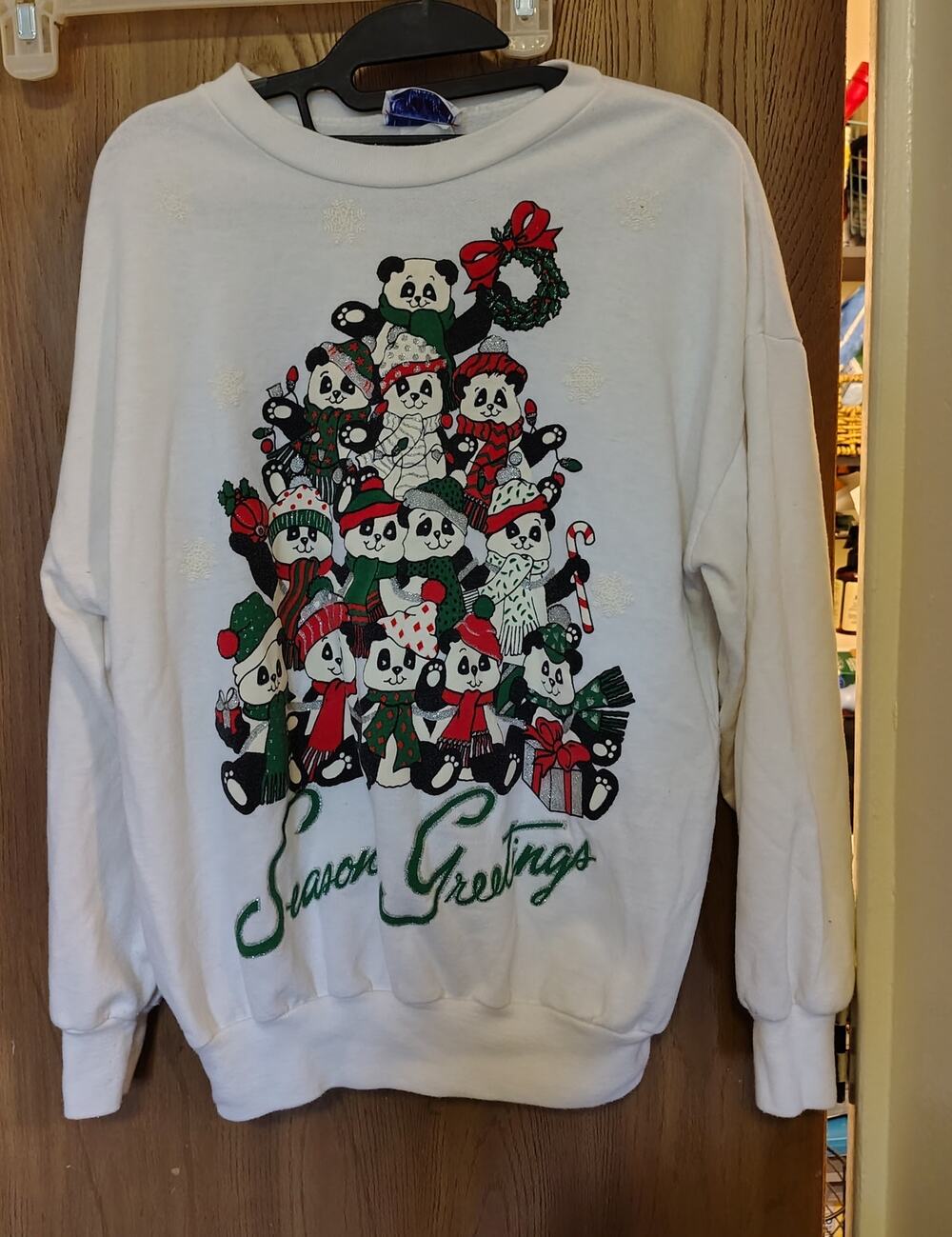 Vintage Panda Bear Ugly Christmas Sweater sweatshirt Seasons Greetings Glitter M